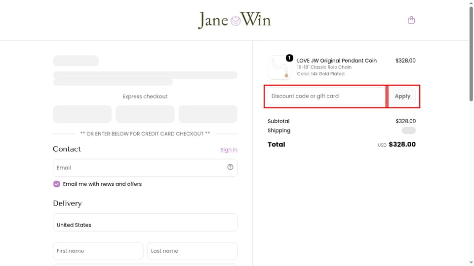 Jane Win Jewelry checkout page showing the Discount code or gift card field and Apply button