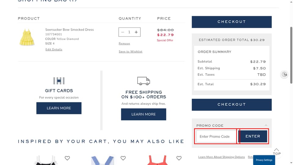 Janie and Jack checkout page showing the Enter Promo Code field and Enter button