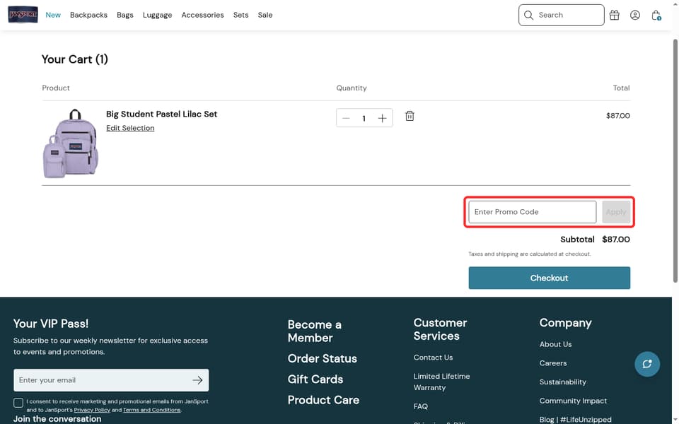 JanSport checkout page showing the Enter Promo Code field and Apply button