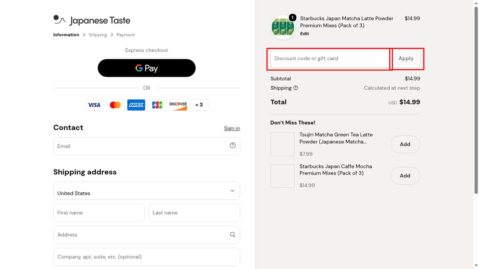 Japanese Taste checkout page showing the Discount code or gift card field and Apply button