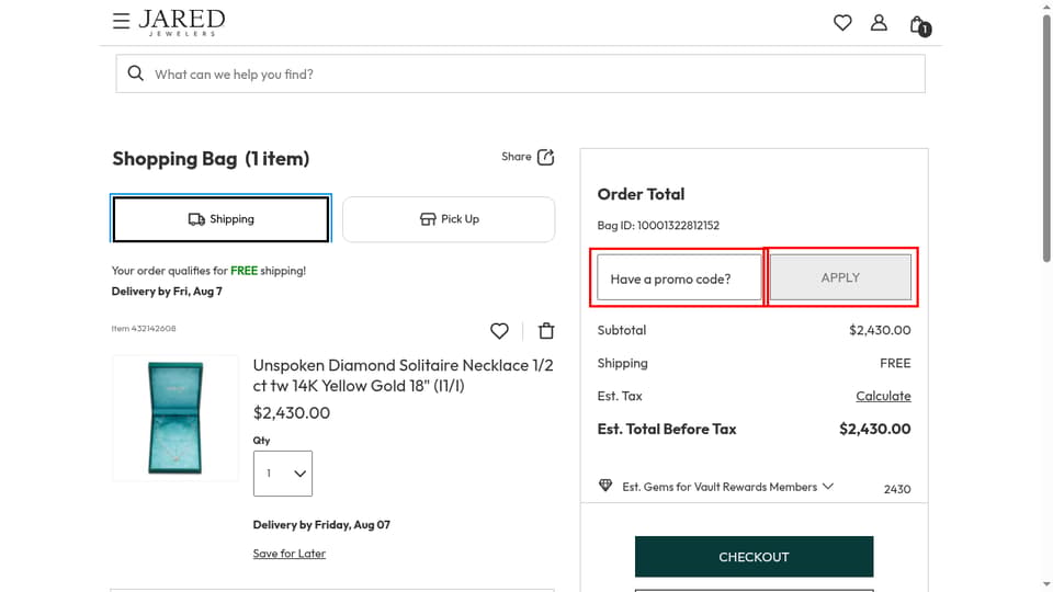 Jared checkout page showing the Have a promo code? field and APPLY button