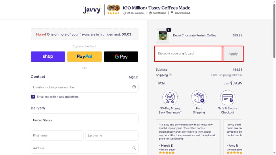 Javvy Coffee checkout page showing the Discount code or gift card field and Apply button