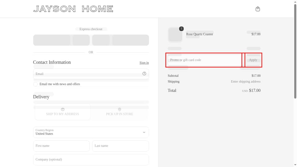Jayson Home checkout page showing the Promo or gift card code field and Apply button