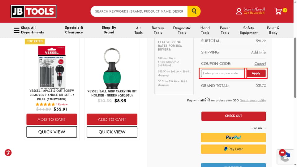 JB Tools checkout page showing the Enter your coupon code field and Apply button