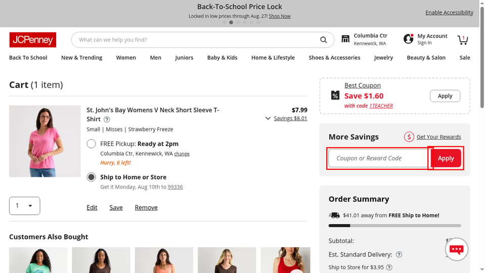 JCPenney checkout page showing the Coupon or Reward Code field and Apply button