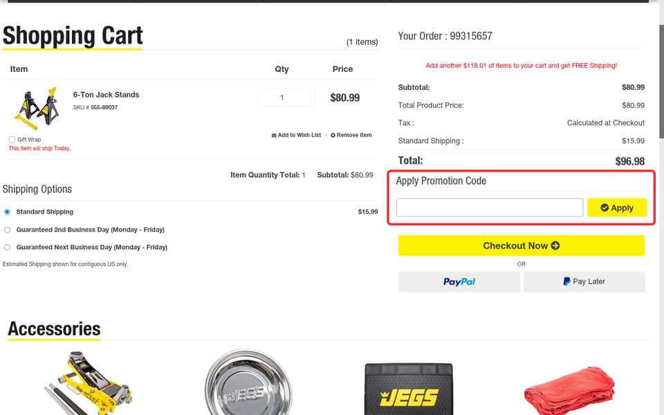 JEGS Performance checkout page showing the Apply Promotion Code field and Apply button