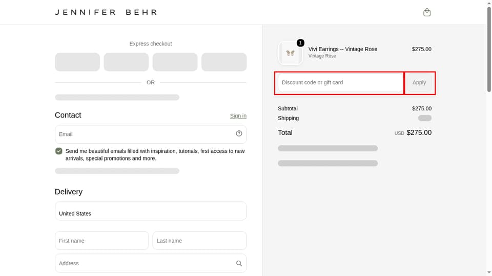 Jennifer Behr checkout page showing the Discount code or gift card field and Apply button
