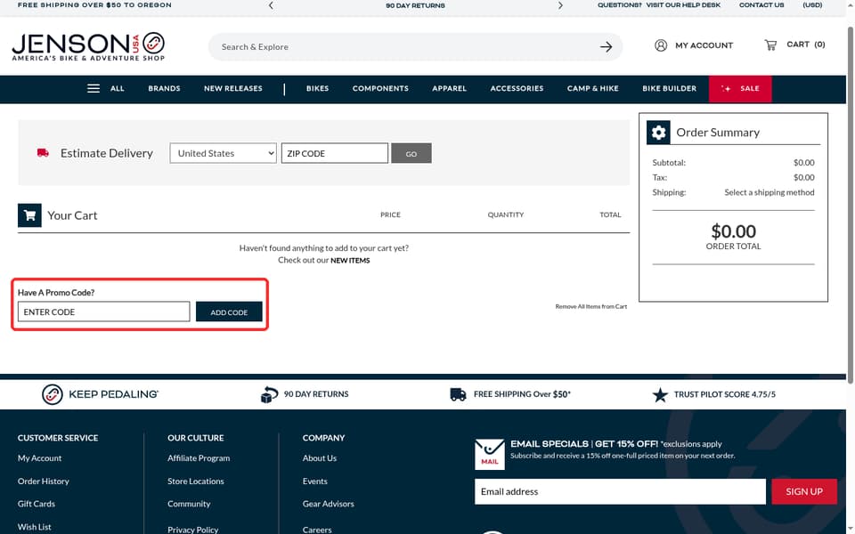Jenson USA checkout page showing the ENTER CODE field and Add Code button