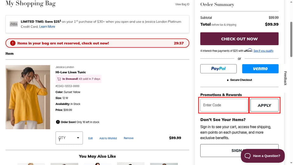 Jessica London checkout page showing the Enter Code field and APPLY button