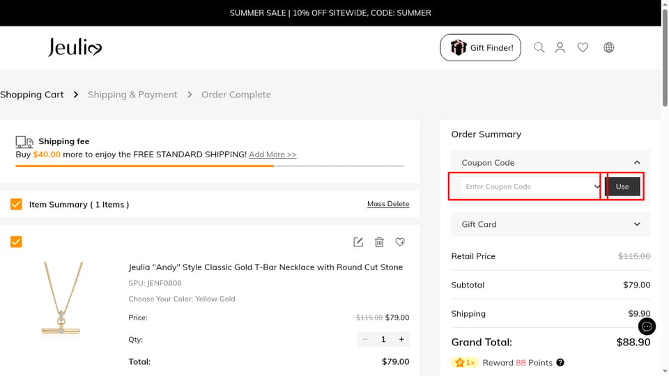 Jeulia checkout page showing the Enter Coupon Code field and Use button