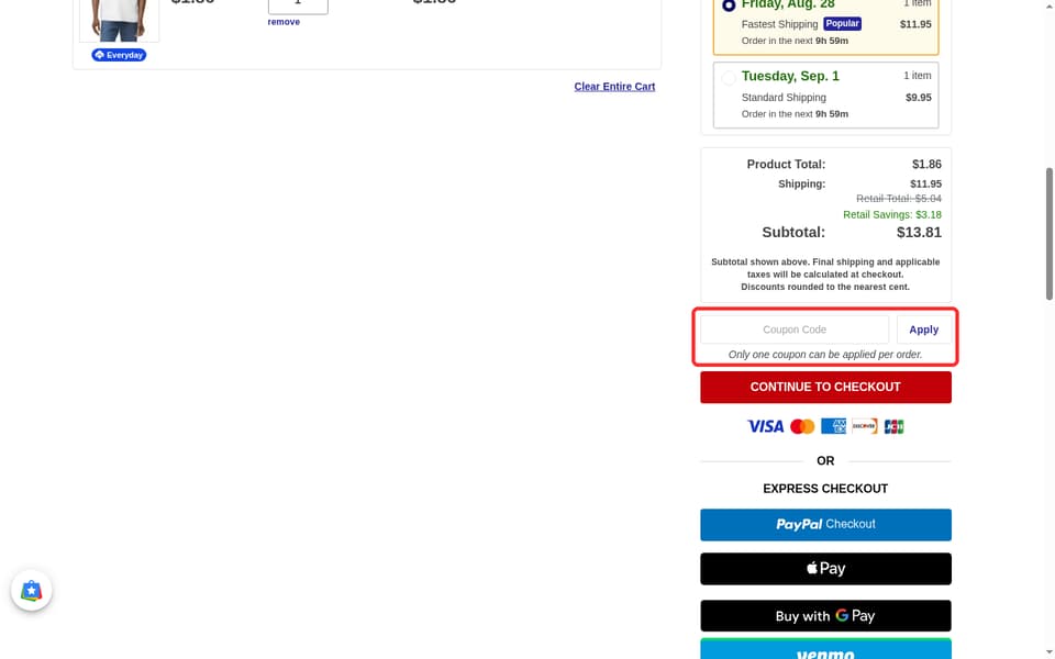 Jiffy checkout page showing the Coupon Code field and Apply button