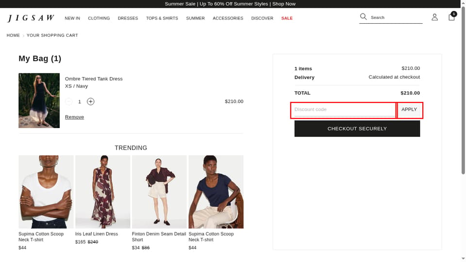 Jigsaw checkout page showing the Discount code field and Apply button