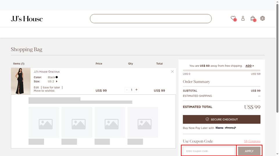 JJ's House checkout page showing the Enter Coupon Code field and APPLY button