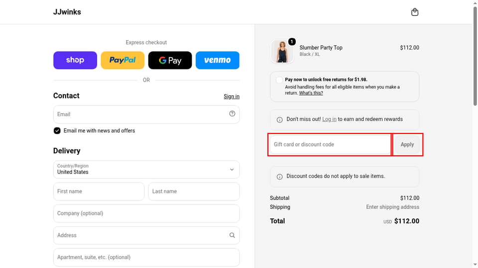 JJwinks checkout page showing the Gift card or discount code field and Apply button