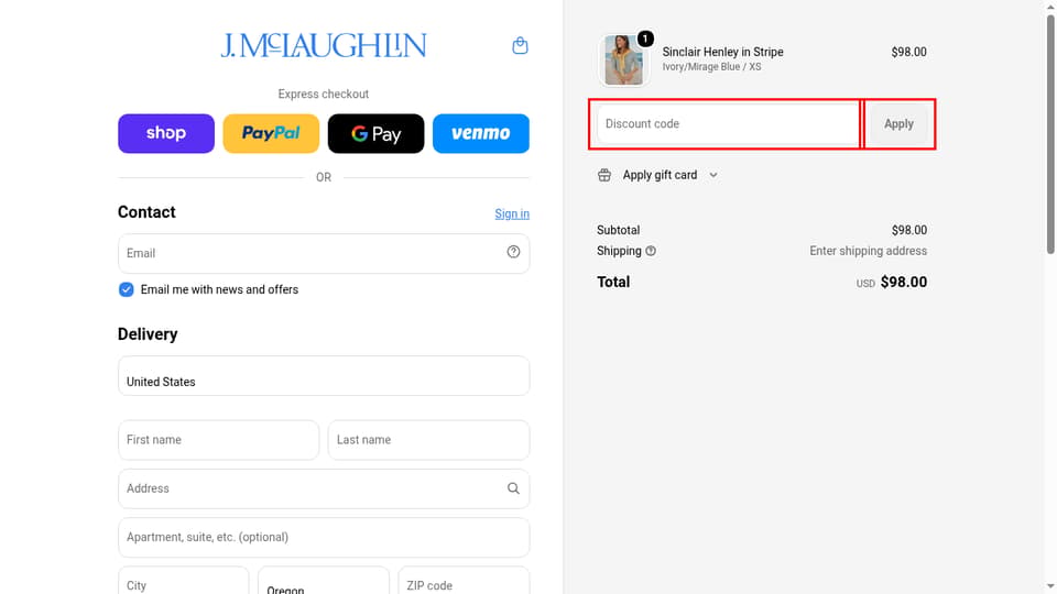 J.McLaughlin checkout page showing the Discount code field and Apply button