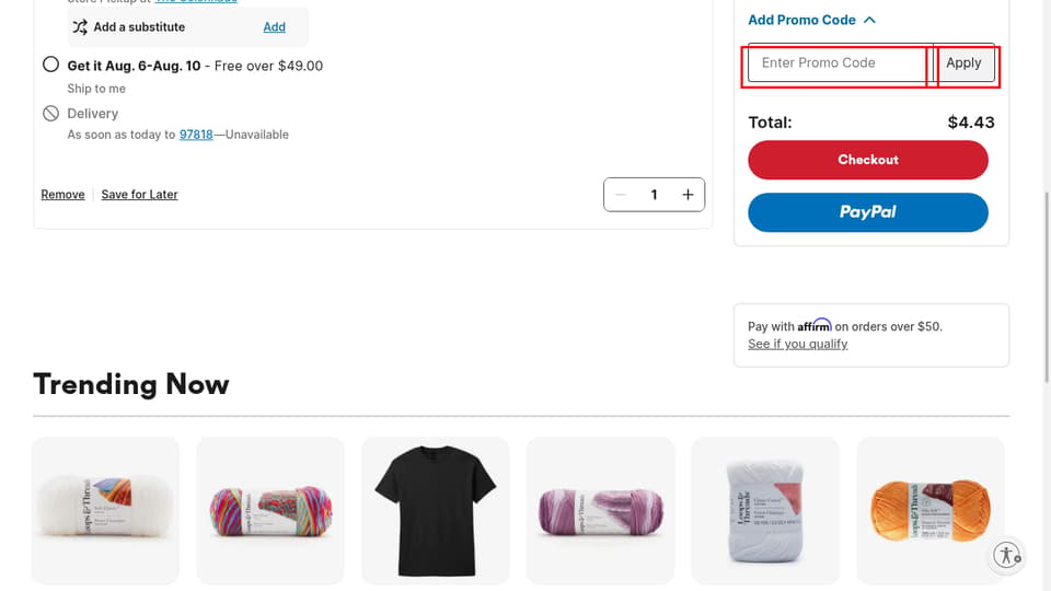 JOANN Fabric checkout page showing the Enter Promo Code field and Apply button