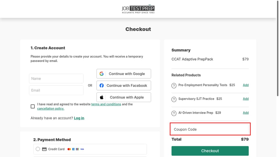 JobTestPrep checkout page showing the Coupon Code field and Apply button