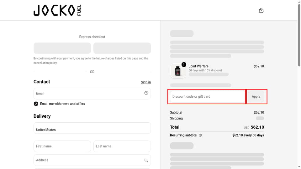 JOCKO FUEL checkout page showing the Discount code or gift card field and Apply button