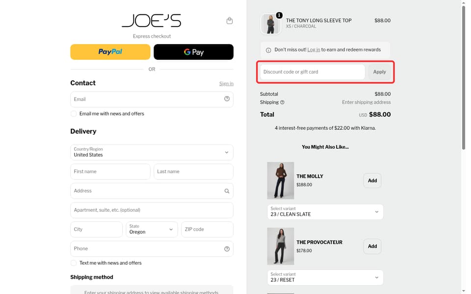Joe's Jeans checkout page showing the Discount code or gift card field and Apply button
