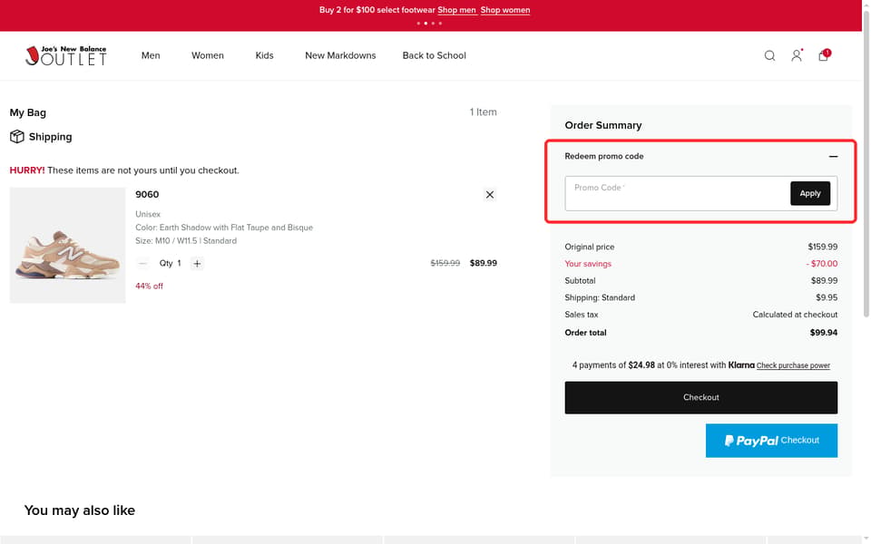 Joe's New Balance Outlet checkout page showing the Promo Code field and Apply button
