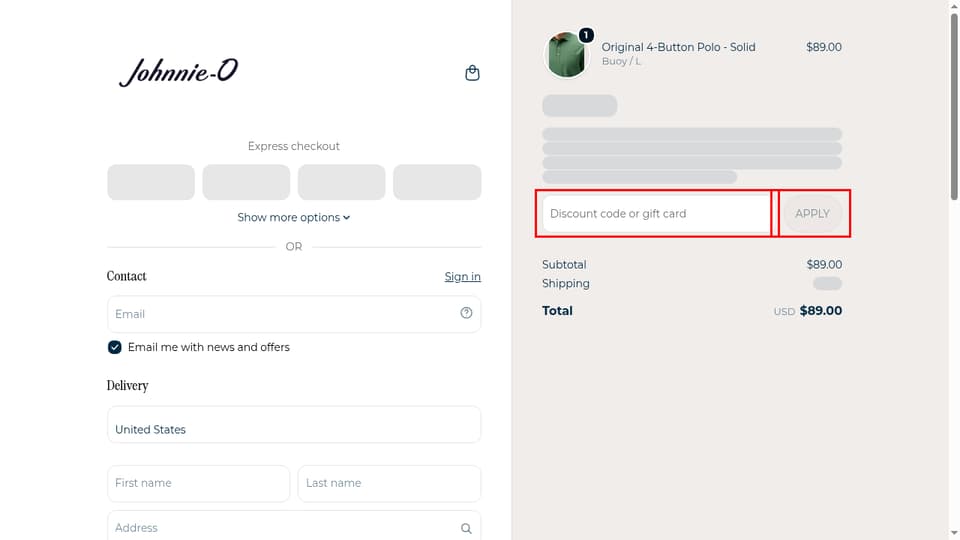 Johnnie-O checkout page showing the Discount code or gift card field and Apply button