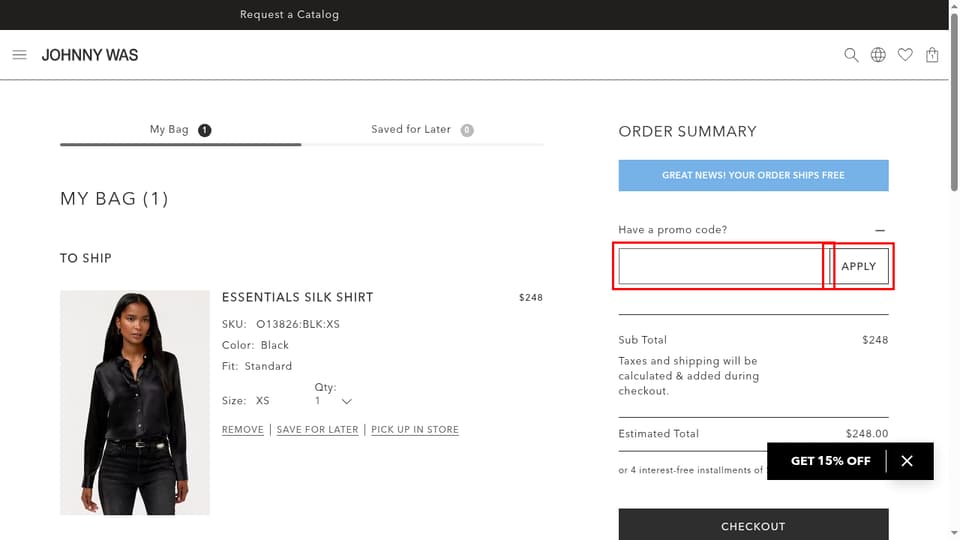Johnny Was checkout page showing the Have a promo code? field and Apply button