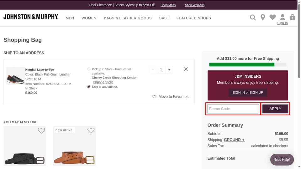 Johnston & Murphy checkout page showing the Promo Code field and APPLY button