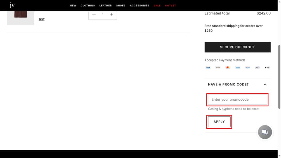 John Varvatos checkout page showing the Enter your promocode field and Apply button