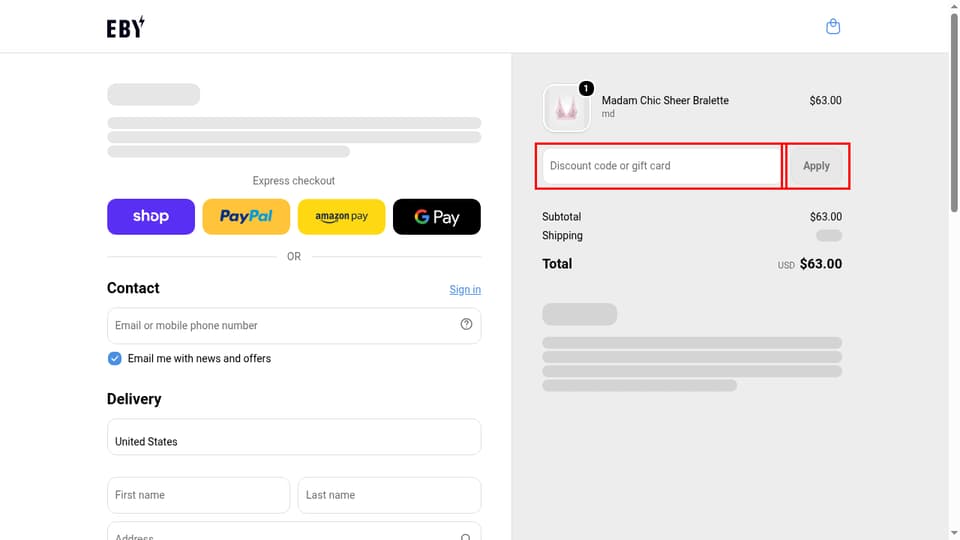 EBY checkout page showing the Discount code or gift card field and Apply button