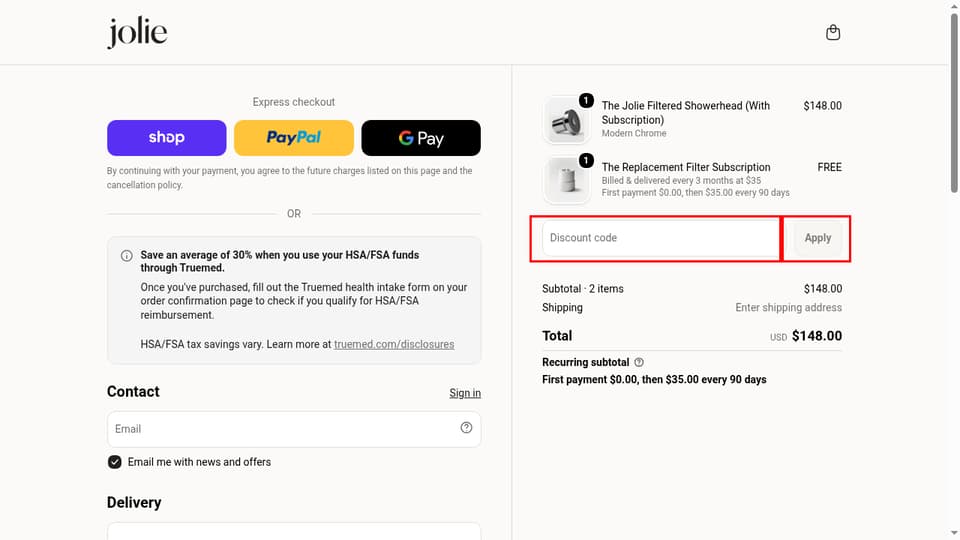 Jolie checkout page showing the Discount code field and Apply button