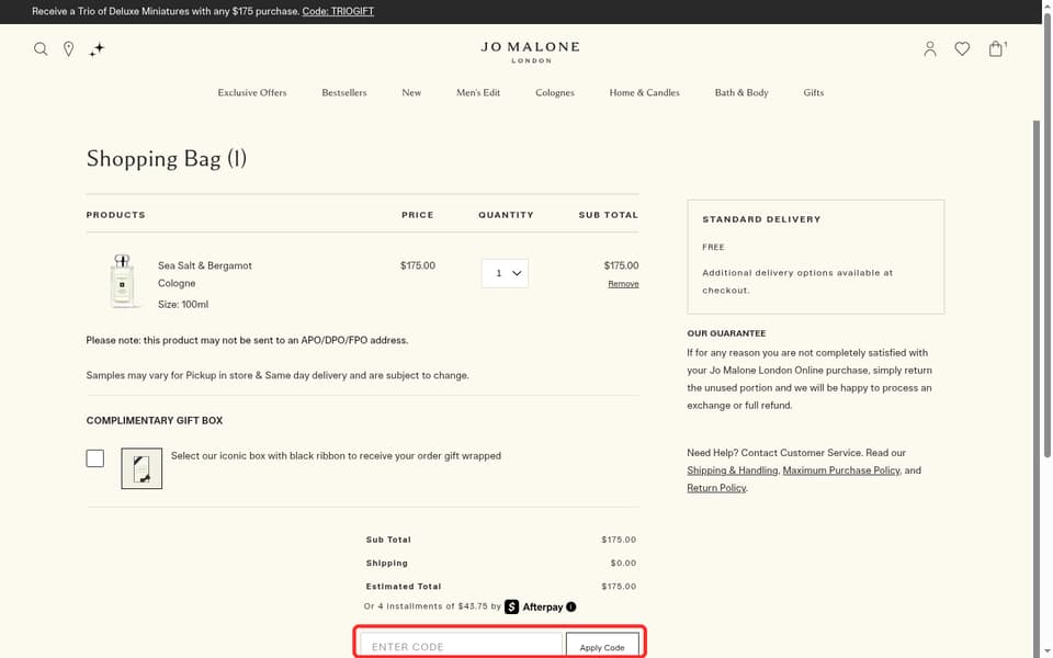 Jo Malone London checkout page showing the ENTER CODE field and Apply Code button