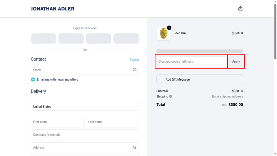 Jonathan Adler checkout page showing the Discount code or gift card field and Apply button