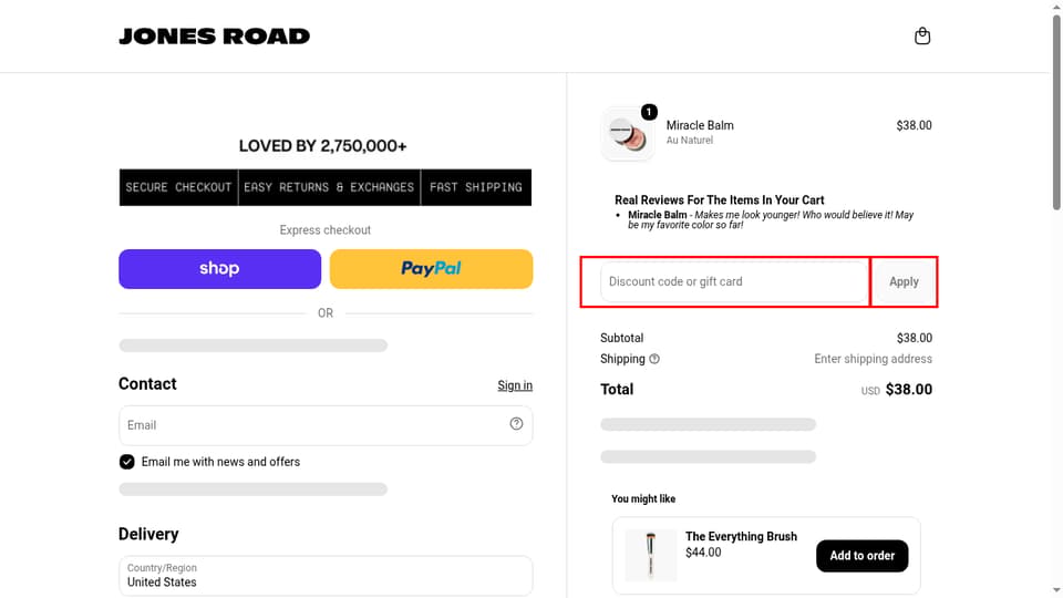 Jones Road Beauty checkout page showing the Discount code or gift card field and Apply button