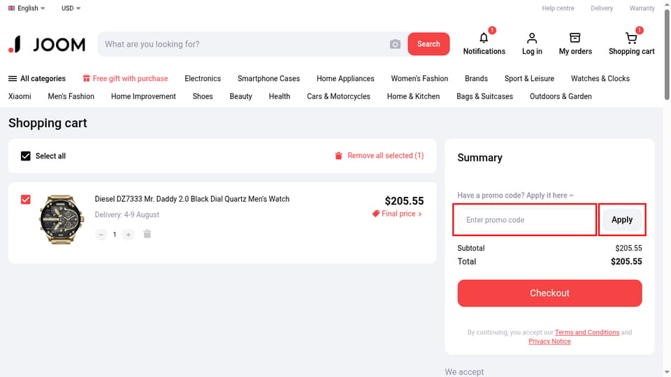 Joom checkout page showing the Enter promo code field and Apply button