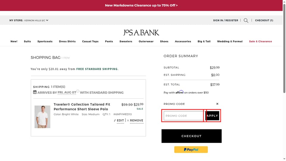 Jos. A. Bank checkout page showing the Promo Code field and Apply button