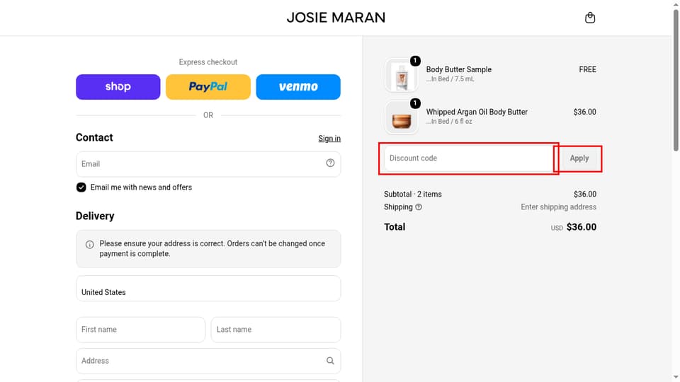Josie Maran checkout page showing the Discount code field and Apply button