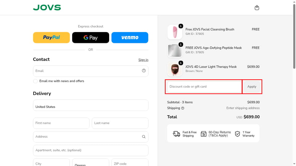 JOVS checkout page showing the Discount code or gift card field and Apply button