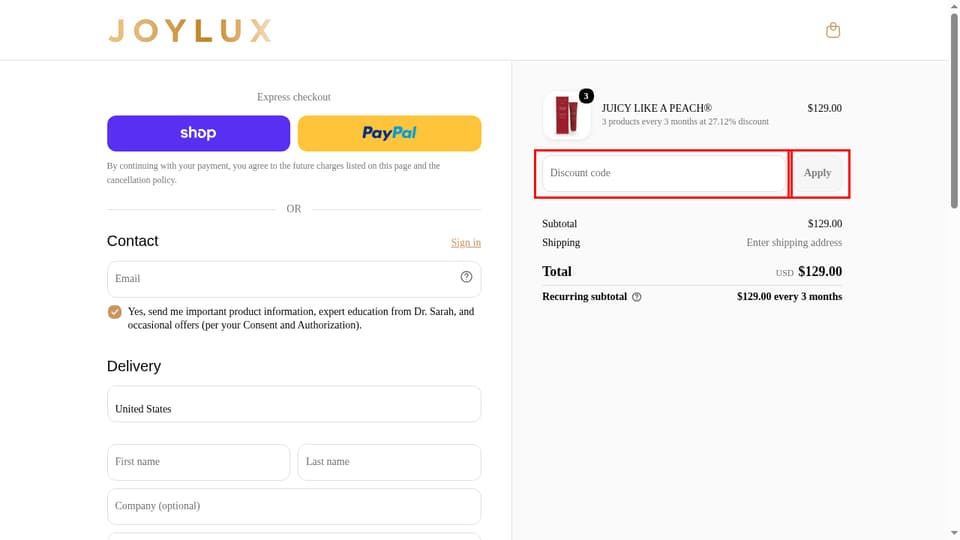 Joylux checkout page showing the Discount code field and Apply button