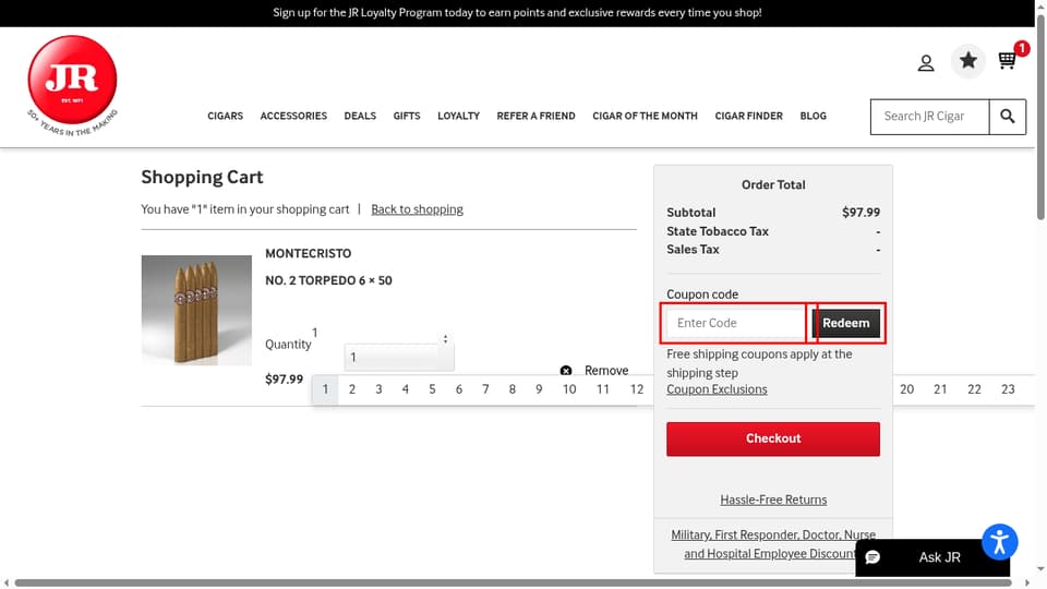 JR Cigar checkout page showing the Enter Code field and Redeem button