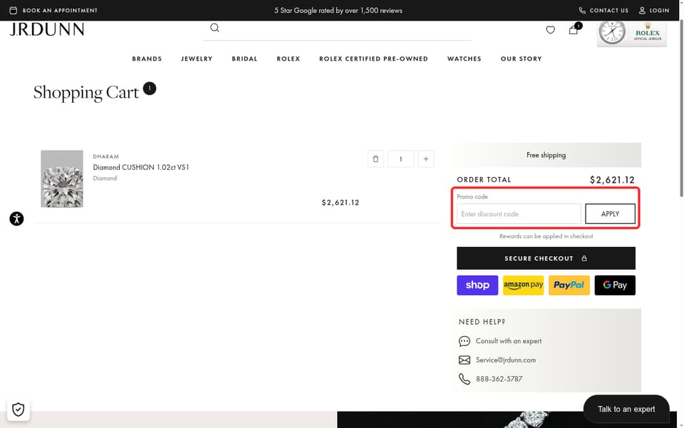 J.R. Dunn checkout page showing the Enter discount code field and APPLY button