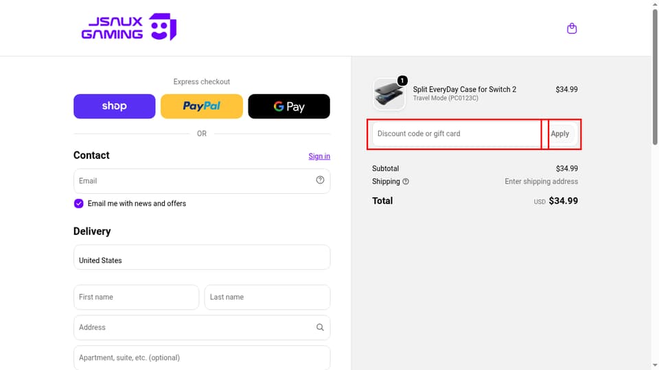 JSAUX checkout page showing the Discount code or gift card field and Apply button