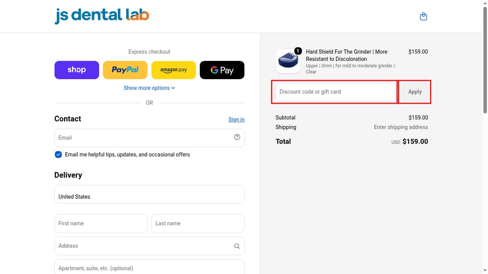 JS Dental Lab checkout page showing the Discount code or gift card field and Apply button