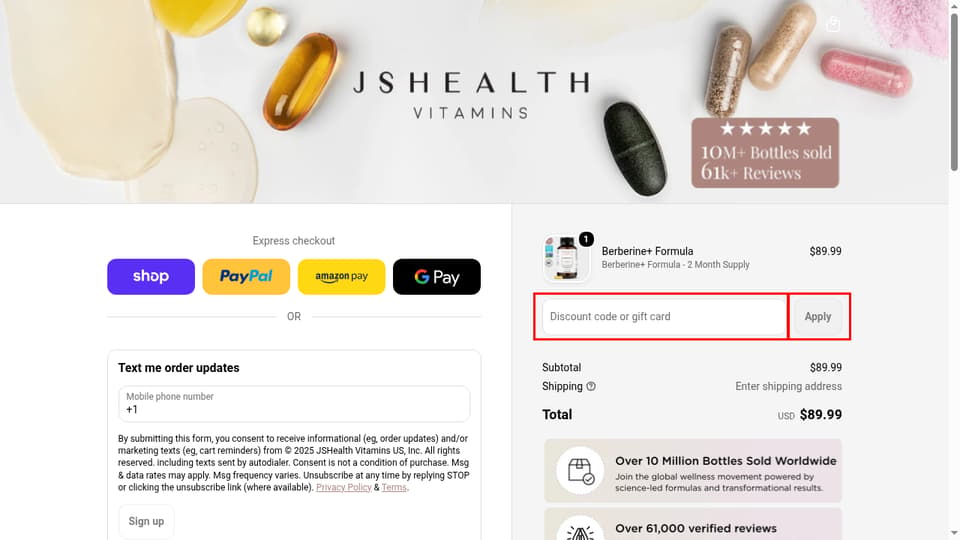 JSHealth Vitamins checkout page showing the Discount code or gift card field and Apply button