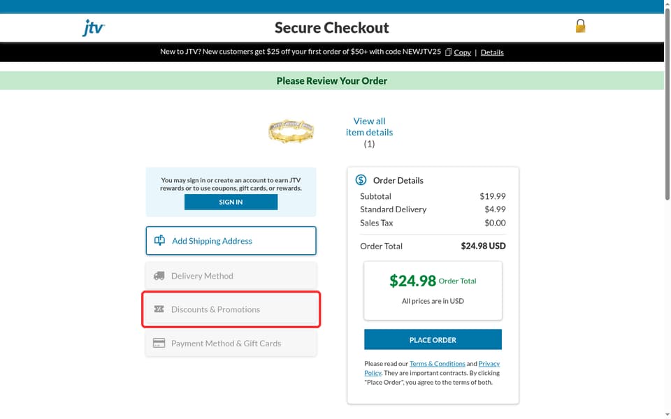 JTV (Jewelry Television) checkout page showing the Discounts & Promotions field and Apply button