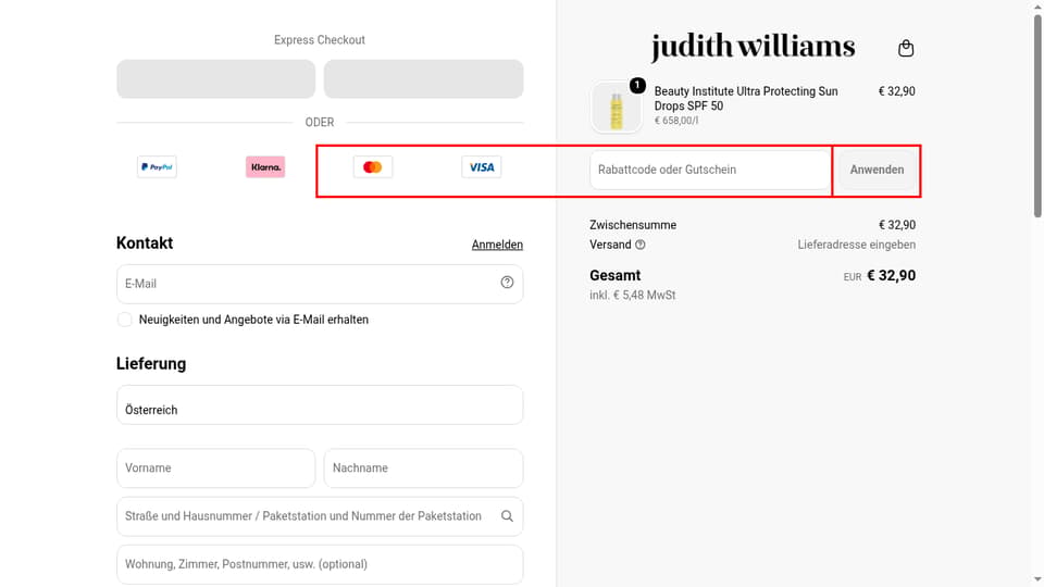 Judith Williams Cosmetics checkout page showing the Rabattcode oder Gutschein field and Anwenden button