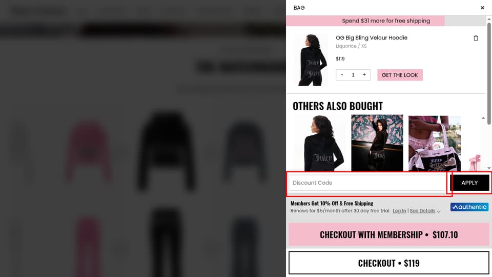 Juicy Couture checkout page showing the Discount Code field and Apply button