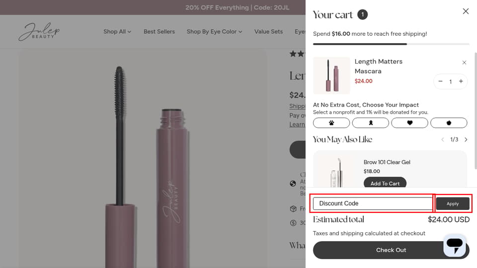 Julep checkout page showing the Discount Code field and Apply button