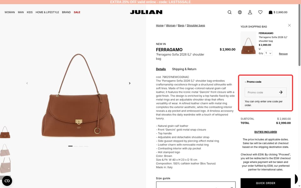 Julian Fashion checkout page showing the Promo code field and → button