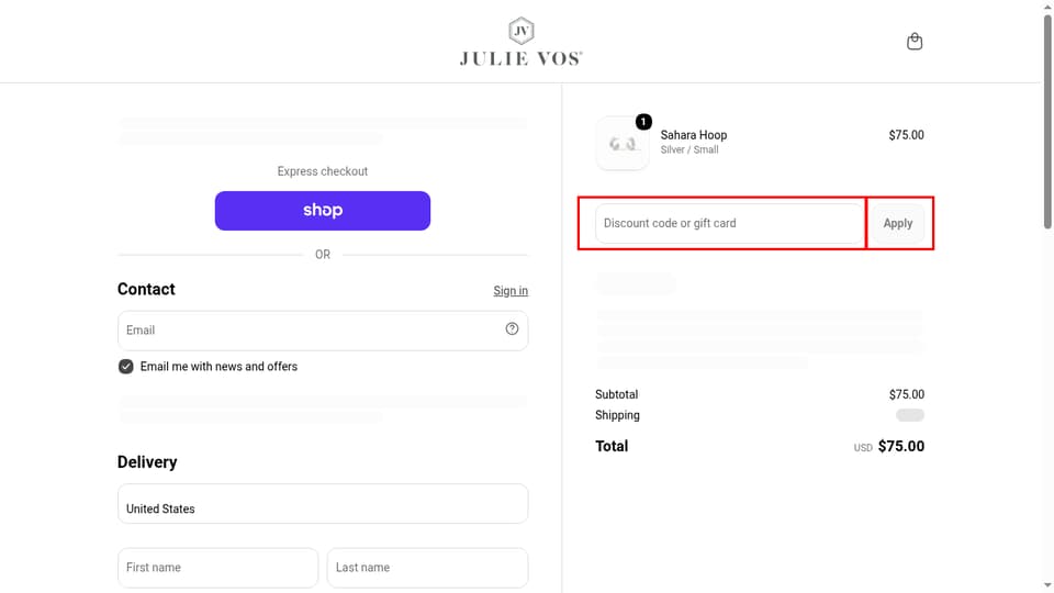 Julie Vos checkout page showing the Discount code or gift card field and Apply button