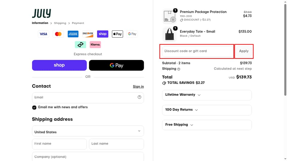 July checkout page showing the Discount code or gift card field and Apply button